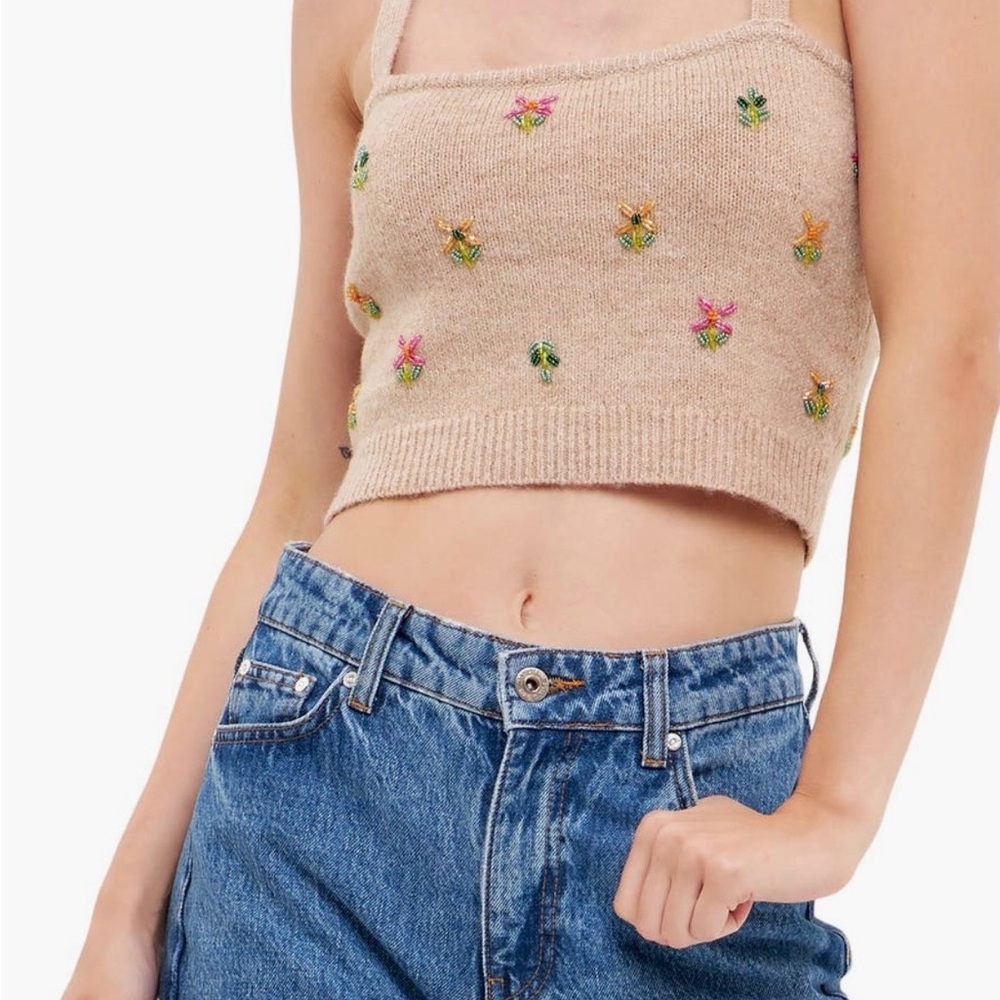 English Factory Beige Beaded Embroidered Knit Crop Top